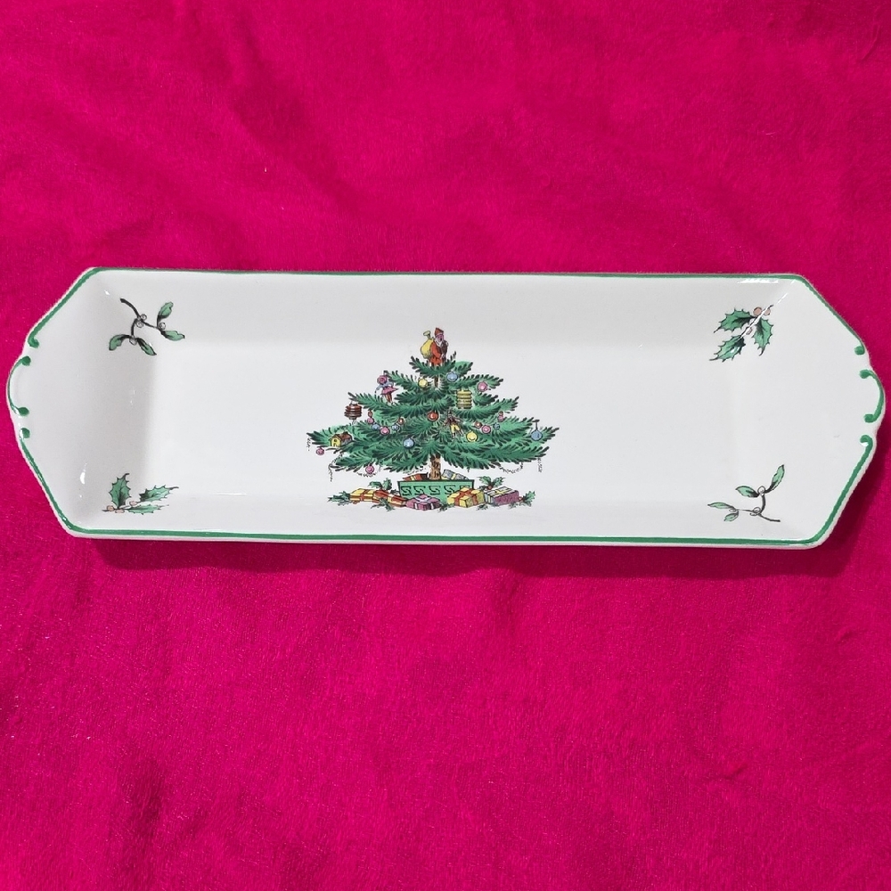 Spode White and Green Christmas Tree Rectangular Plate